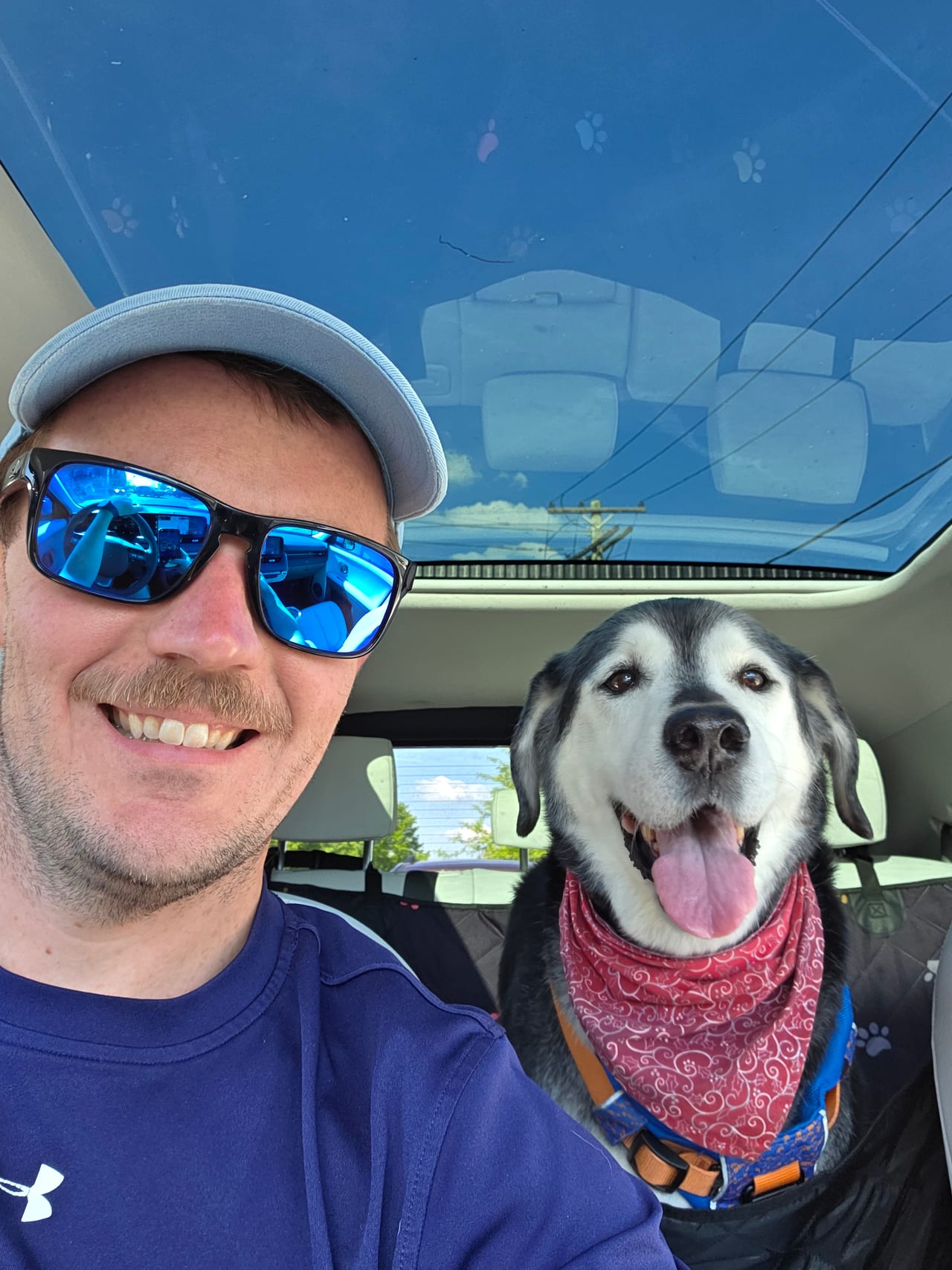 Tyler and Shasta, a husky mix with a grey muzzle, sitting together in a car.